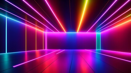 Photo of a vibrant room illuminated by colorful neon lights