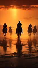 group of cowboy riding horse at sunset