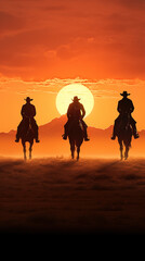 group of cowboy riding horse at sunset