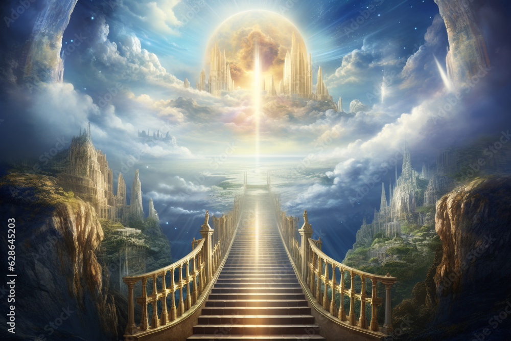 Wall mural culture and religion concept. surreal illustration of path to heaven. majestic interpretation on hea