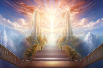 Culture and religion concept. Surreal illustration of path to heaven. Majestic interpretation on heaven and god. Generative AI - obrazy, fototapety, plakaty