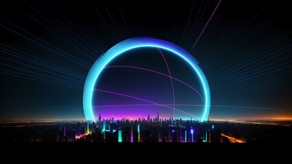 Photo of a panoramic view of a cityscape with a prominent circular object in the foreground