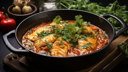 Fototapeta premium Moqueca baiana - brazilian fish stew of white fish with sweet pepper, lime, chopped tomatoes, coconut milk, served in a black dish with fresh coriander on a dark wooden table, top view, copy space