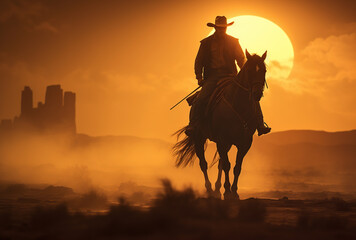 Fototapeta na wymiar cowboy riding horse at sunset