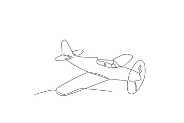 An ancient plane with a huge propeller in front of it. Vintage plane one-line drawing