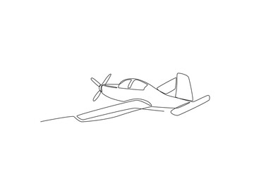 An ancient plane is flying. Vintage plane one-line drawing