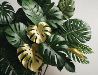 Image displaying a floral arrangement featuring tropical green leaves from Monstera, fern, and Eucalyptus plants, enhanced with gold glitter particles. Created with generative AI tools