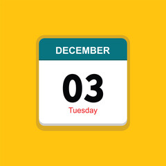 tuesday 03 december icon with yellow background, calender icon