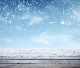 snowy wooden desk on winter background with snowflakes