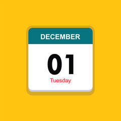 tuesday 01 december icon with yellow background, calender icon