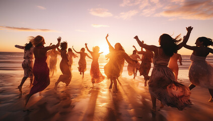 silhouette of womans having fun on the sea beach