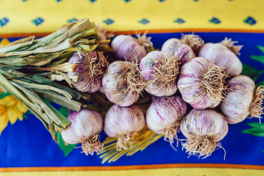 Heads of garlic at a farmers market