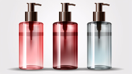 Empty cosmetic bottles with dispensers on a clear white background, isolated object, suitable for design purposes. Multicolor.