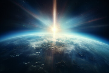 Culture and religion concept. Glowing catholic cross above planet Earth and surrounded clouds. Minimalist and surreal sacral illustration. Generative AI