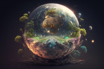 Fantasy landscape with planet, trees and mountains