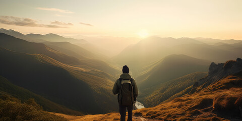 lonely tourist with backpack in the mountains looking at Valley at sunset - obrazy, fototapety, plakaty
