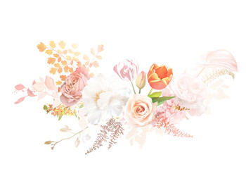 Gold, blush, beige, white rose, peony, orange tulips, ranunculus, hydrangea flower, fall leaves, fern