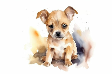 Watercolor illustration of cute chihuahua puppy portrait surrounded by flowers and splashes of watercolor