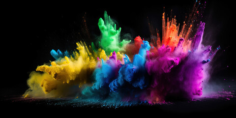 multicolor neon powder holi paints blew up, colorful splashes and drops