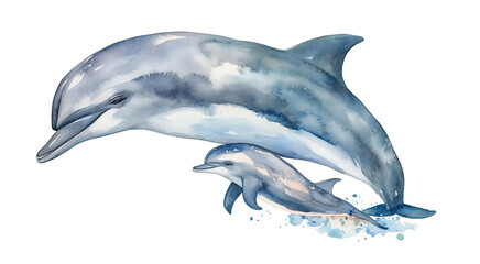 watercolor painting illustration of dolphin swimming with their little baby dolphin in pastel paint drops