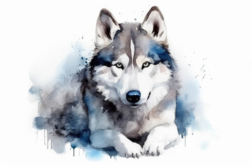 Watercolor illustration of ssiberian husky portrait with drops and splashes of watercolor paint