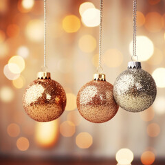 Christmas ornaments against shiny background. Glittering New Year golden decorations. Shiny gold and silver christmas balls on bokeh background, copy space for greeting text. Winter holiday banner
