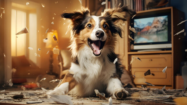 happy dog messing up the living room, the room's a mess and the furniture's a mess, Generative AI