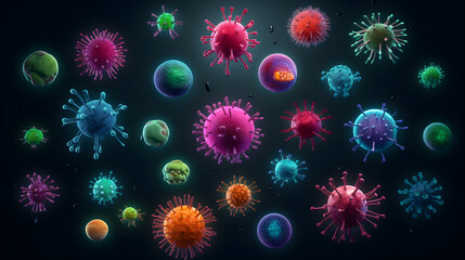 collection of viruses and bacteria on a dark background, colorful colors, Generative AI
