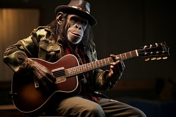 Chimpanzee Musician Rocking Guitar in Band. AI
