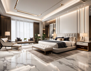 Luxurious Master Bedroom: A Modern White Marble Haven with High-End Luxury, Serene Elegance, and...