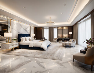 Luxurious Master Bedroom: A Modern White Marble Haven with High-End Luxury, Serene Elegance, and Stylish Contemporary Design. AI generated.