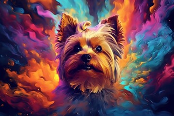 Naklejka premium Colorful art - the head of a yorkshire terrier dog painted with spots splashes of paint