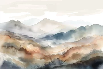 Stof per meter Watercolor neutral minimalist mountains landscape illustration © Artem81
