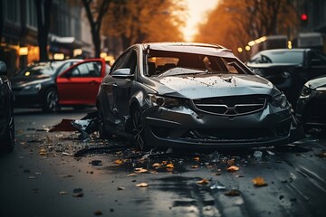 Fototapeta na wymiar City Street Car Collision: Heavy Road Accident, Road Safety & Insurance Concept. AI