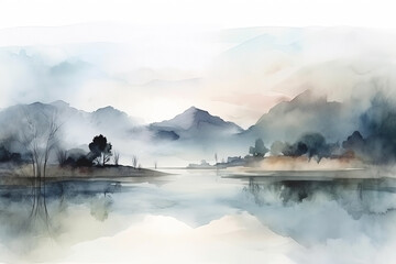 Watercolor neutral minimalist mountains and water landscape illustration - obrazy, fototapety, plakaty