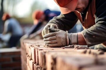 Close-Up of a Bricklayer Cementing a Brick Wall with Their Hand. AI
