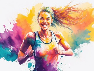 Obraz na płótnie Canvas Happy beautiful colorful fitness run girl. ai generative