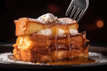 close-up of fork into french toast