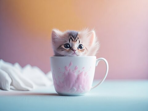Pastel minimal concept of cat in hot drink cup. ai generative