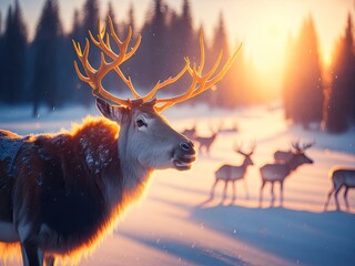 Reindeer in winter bright image. ai generative