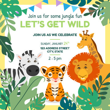 Wild Jungle Animals Themed Party Invitation Card Vector Illustration