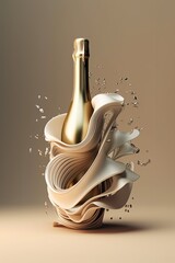 Creative pastel design with festive bottle of champagne, with splashes  and explosion.  Template for advertising, web, social media and fashion ads. Poster, flyer, greeting card. AI generative