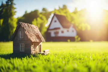 Wooden model of house on grass summer outdoor. ai generative