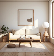Harmonious Minimalism: UHD Living Room Mockup with White Sofa, Modern Lamps, Wood Tables, and Folk-Inspired Artist's Frame