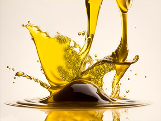 Salpicadura de aceite de oliva sobre un fondo claro. Vista de frente y de cerca. IA Generativa
