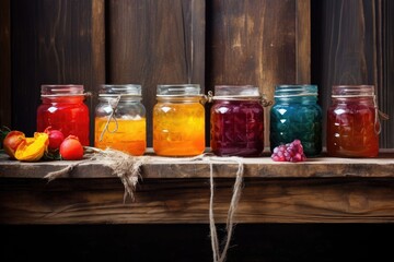 Fototapeta na wymiar colorful jars of jam on rustic wooden table