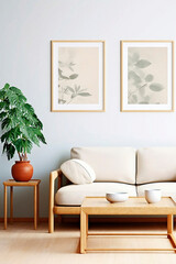 Japanese Aesthetics: Illustrating Modern Living Spaces Adorned with Plants and Empty Frames