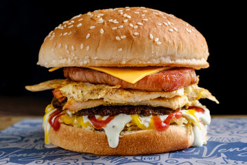 simple chicken meat and cheese burger with many sauces on black background 001
