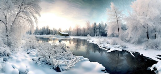 Pond and winter landscape in a wooded area on snowy day in panorama style.