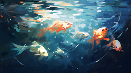 fishes talking in the water in a style of painting, Generative AI